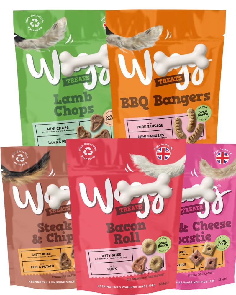 Dog Treats Bundle, Variety Pack, Natural Training Snacks with BBQ Bangers, Ham & Cheese Toastie, Bacon Roll, Steak & Chips, Lamb Chops, 125g Each, Oven Baked, 5 Flavours with Thank You Card