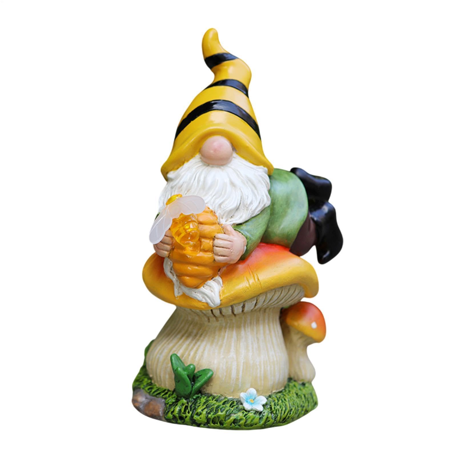 Statuetta decorativa a forma di nano in resina a energia solare | Gnomo a forma di ape sdraiato sul fungo per giardino, prato, patio, portico, balcone, cortile, laghetto, davanzale