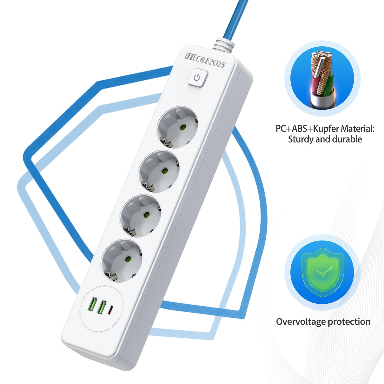 Multiprise CEE 4 prises avec fiche 3 broches - 10 A 220 V 2500 W - Câble de camping de 5 m (3 x 1,5 mm², câble flexible bleu) - Coupleur de contact de protection pour camping, caravane, tente - Blanc