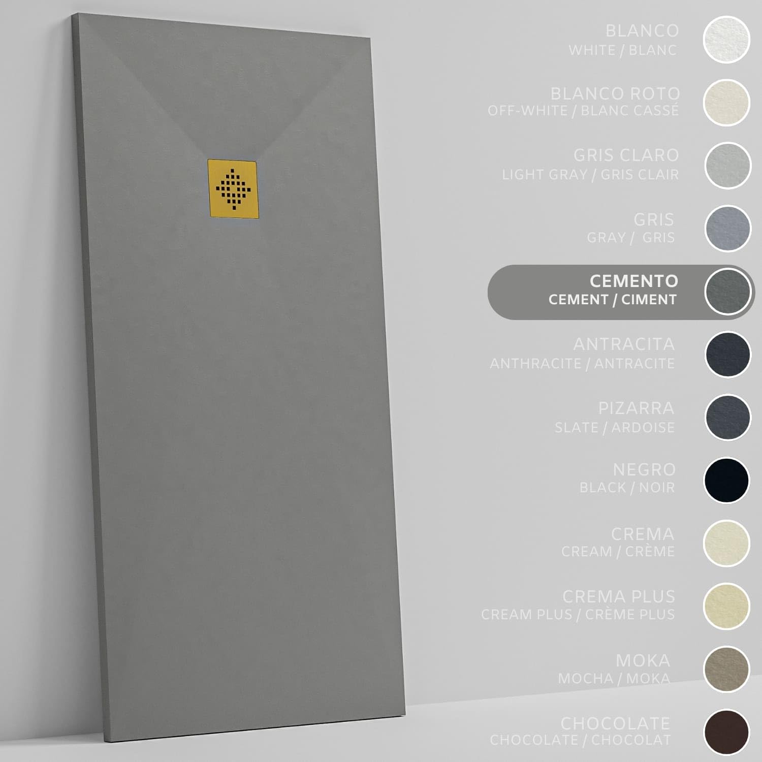 SoulHome Plato de Ducha Resina 210x90 Cemento - Rejilla Dorada | Antideslizante C3, Extraplano, Resina y carga mineral, Textura Liso Piedra, Antibacteriano, Gel-coat, Incluye válvula desagüe