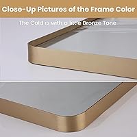 Vista 3 de LOAAO Espejo de baño dorado de 28 x 36 pulgadas, espejo rectangular redondeado con marco dorado, espejo de tocador de baño dorado cepillado montado
