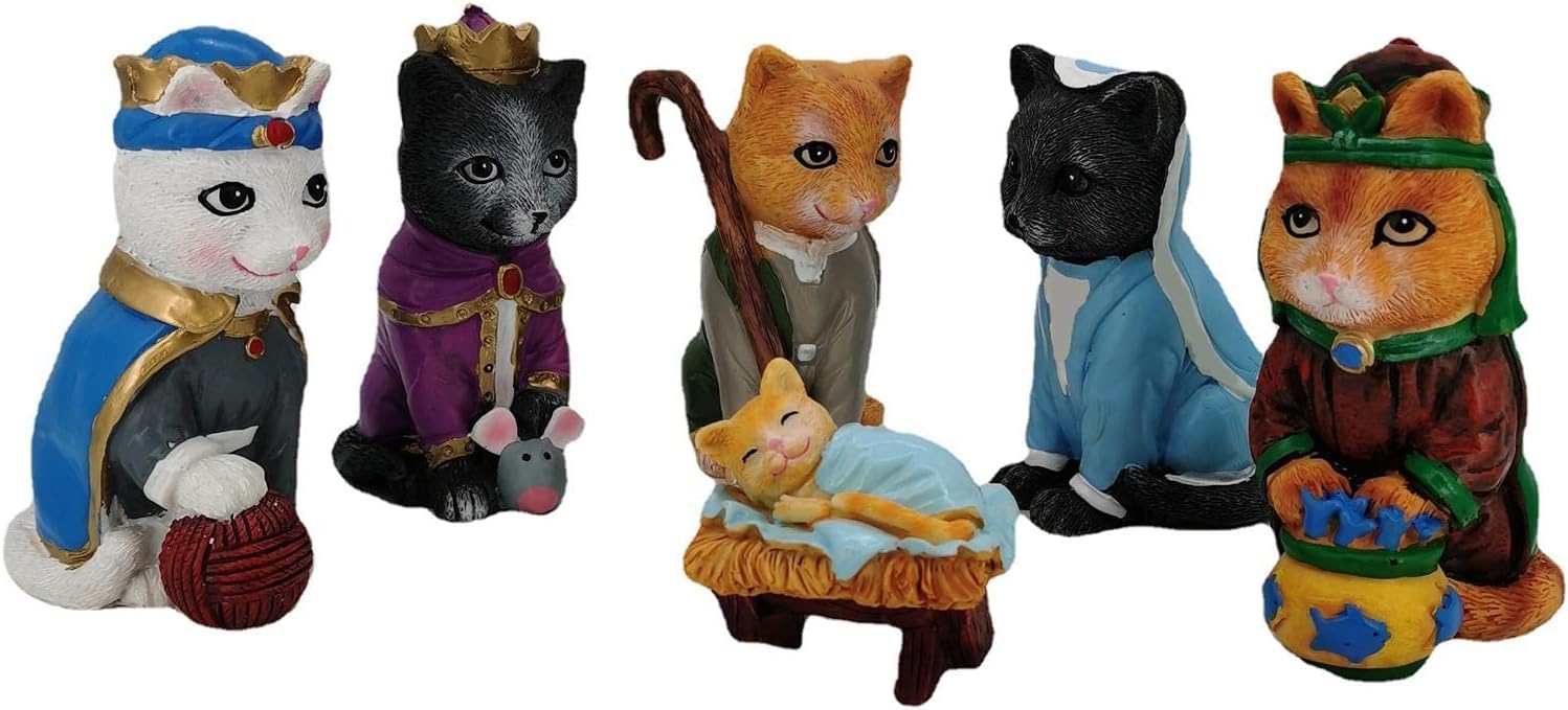 Nativity Scene Set, 6 Cat Figurines, Birth of a Kitten Figurine Collection, Royal Cat Statue Resin Decoration for Home Tabletop Ornament, Christmas Decorations