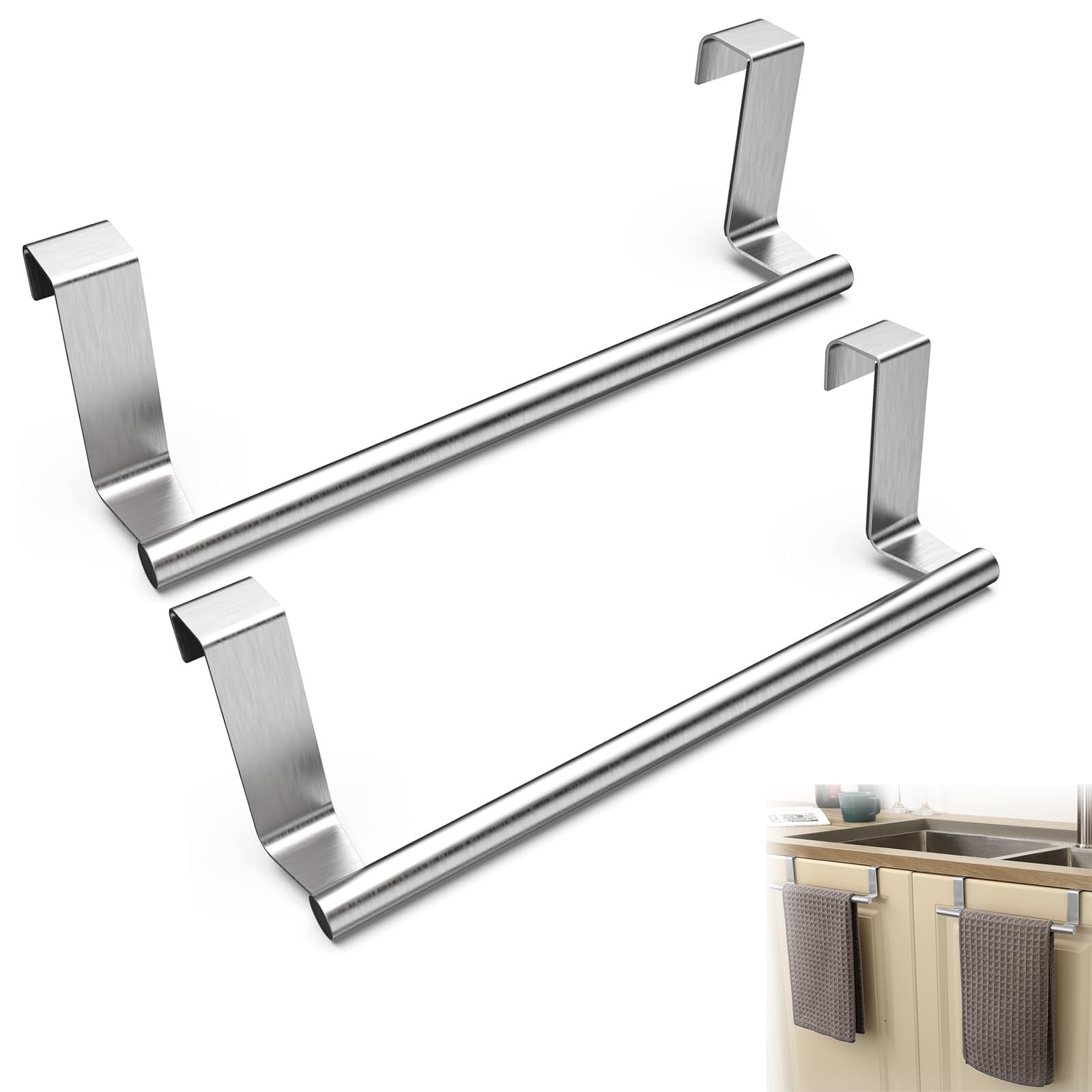 2 PCS Over Door Towel Rail, Silver Towel Holder, 23 cm No Drilling Stainless Kitchen Towel Rail, Anti Slip Scratch Protecting Stripe, Slim Towel Holder for Home, Bathroom