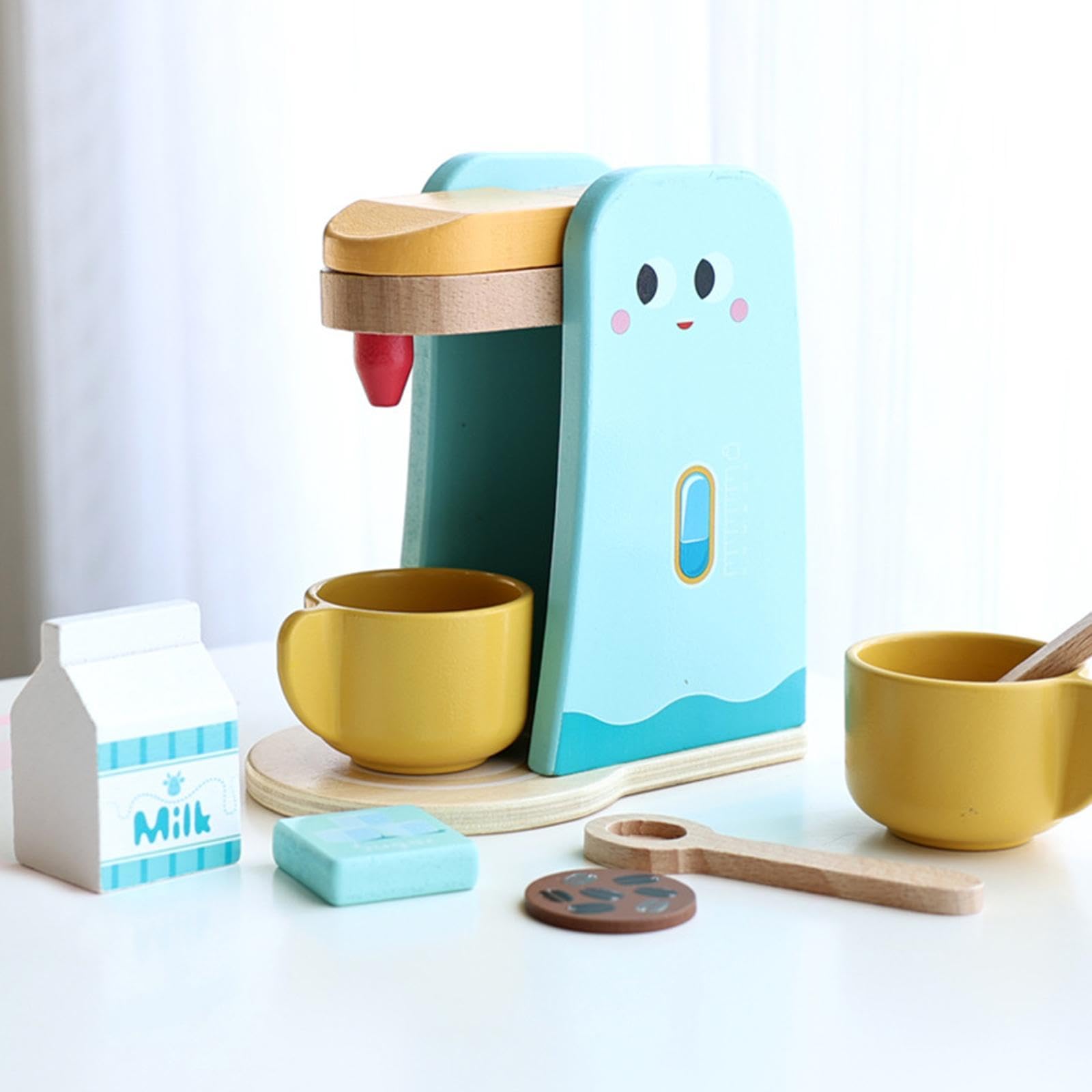 Qianly Rollenspiel Küchenspielzeug Aus Holz mit Lernfunktion für Kreatives Spielen Und Soziale Interaktion für Kindergartenkinder, Kaffeemaschine