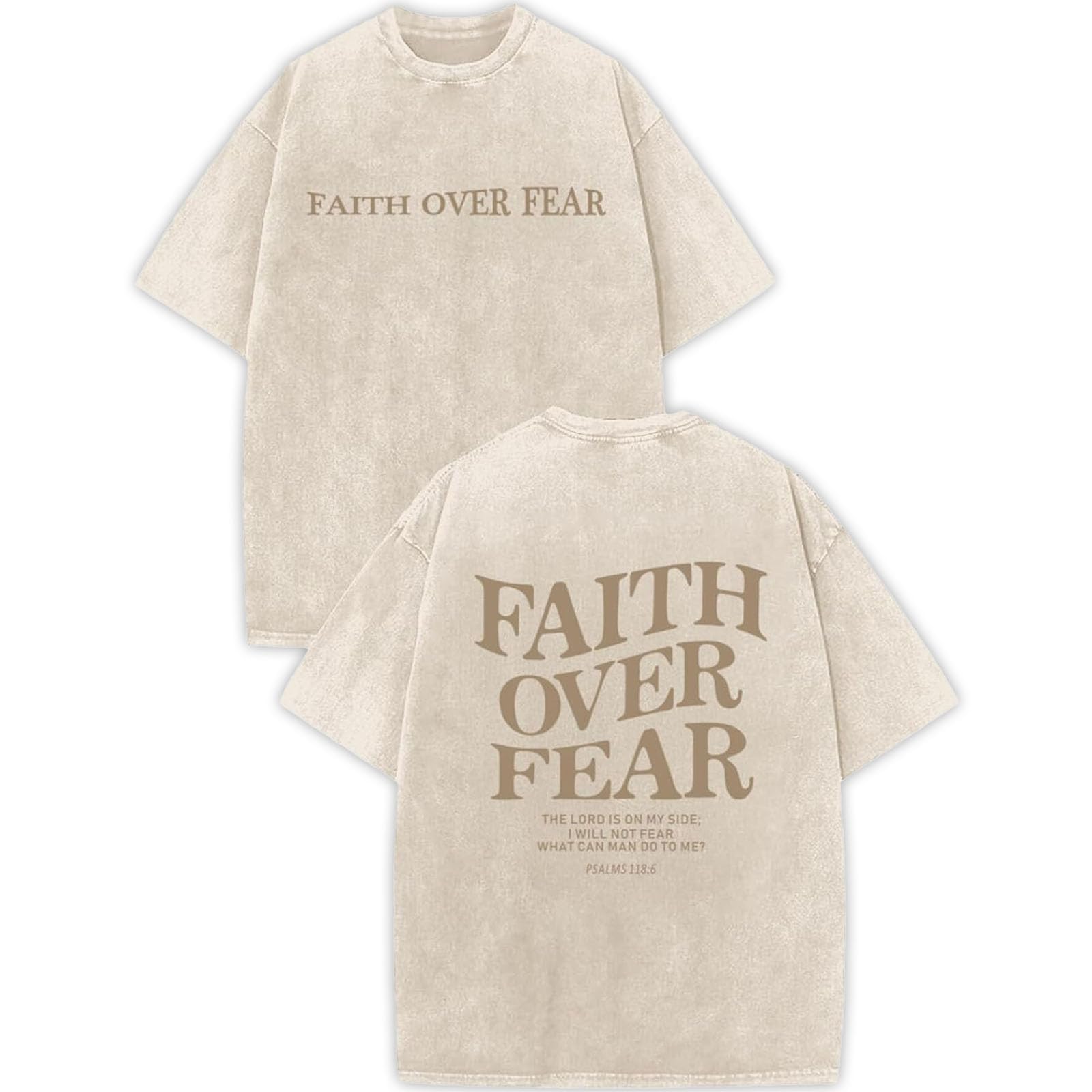 Tencipeda Faith Over Fear T-Shirts for Men & Women, Jesus Christian Religious Oversized Cotton Acid Wash Graphic T-Shirt (Beige,M)