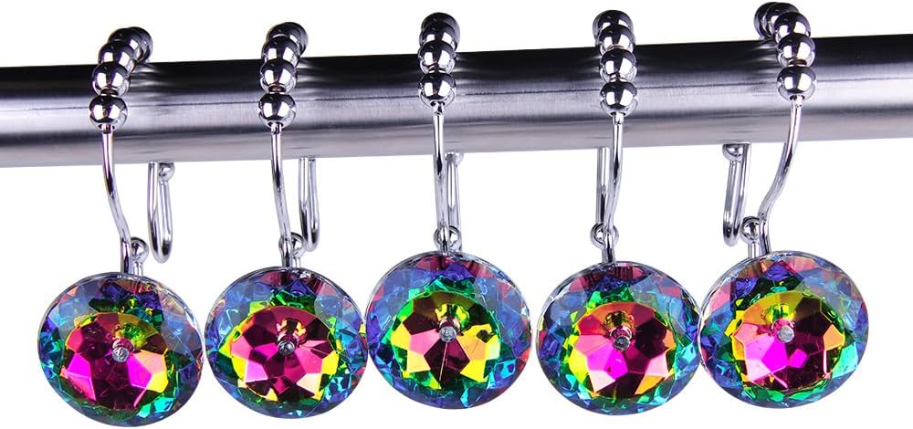 Rustproof Stainless Steel Decorative Shower Curtain Hooks Double Glide Shower Curtain Rings with Acrylic Crystal Rhinestones to Hang Curtain and Liner at Same Time, Set of 12 (Multi)