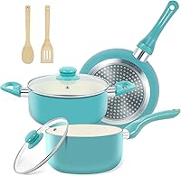 MMELENTA 7-Piece Nonstick Ceramic Cookware Set, Induction Ready Pots & Pans, PFOA-Free Turquoise with Stay-Cool Handles