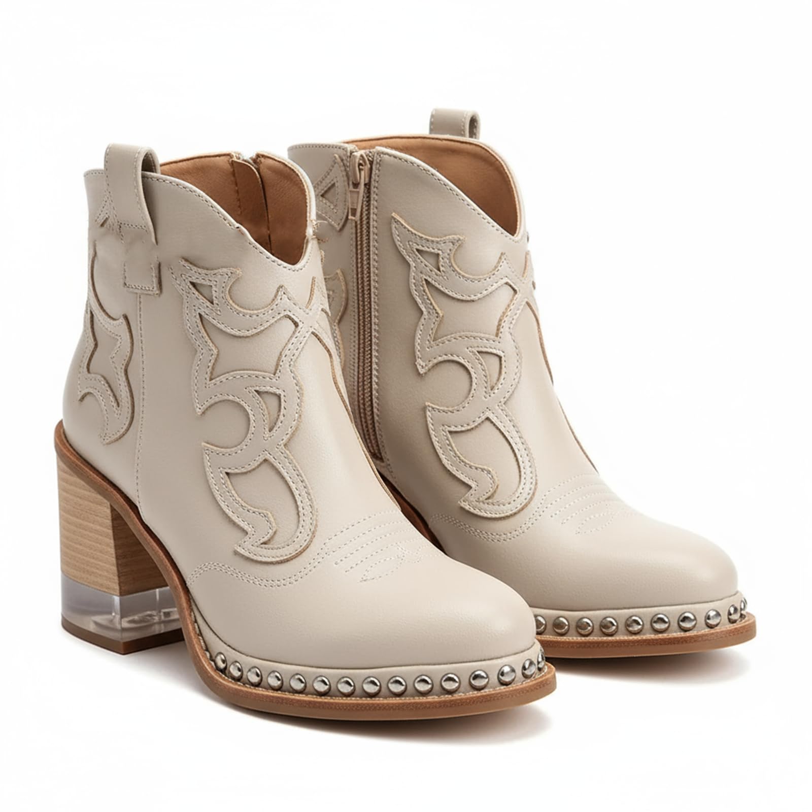Womens Faux Leather Block Heel Western Ankle Boots With Zipper Retro Pointed Toe Transparent Chunky Heel Embroidered Riding