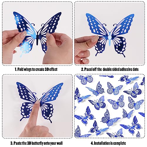 Image of SAOROPEB Butterfly Wall Stickers, 48 Pcs 4 Styles 3 Sizes, Metallic Paper, Removable, Navy Blue, Art Deco Decor for Wall