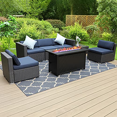 Sophia & William Patio Furniture Set with Gas Fire Pit Table 7 Piece Wicker Rattan Outdoor Sectional Sofa W/Coffee Table, Conversation Set & CSA Approved Propane Fire Pit(Navy Blue-Rectangular Table)