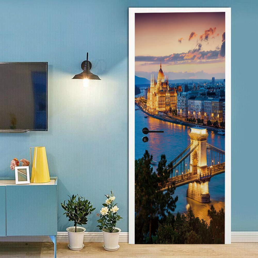 Sticker de porte trompe l'oeil vue nocturne de la ville crépuscule 90x200cm amovible