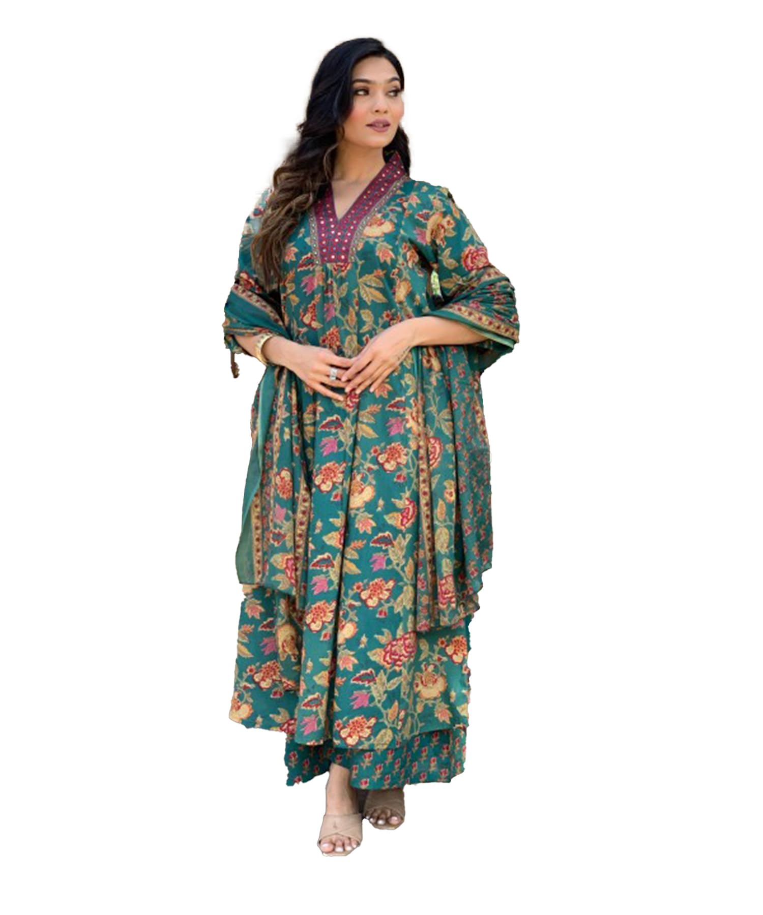 Lookmark Women's Cotton Blend Floral Printed Kurta Plazzo Set With Dupatta Suitable For Every Indian Occasion (Az-Lm-Og-Ks2171 Green-M)