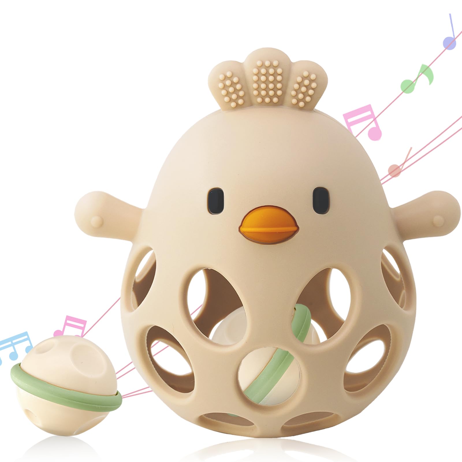2-in-1 Baby Teething Toy, Easy Grasp Oball Rattle & Teether Toy for Babies 0-12 Months, 100% Food Grade Silicone, 3-6 6-12 Month Baby Teething Relief Toy, BPA Free