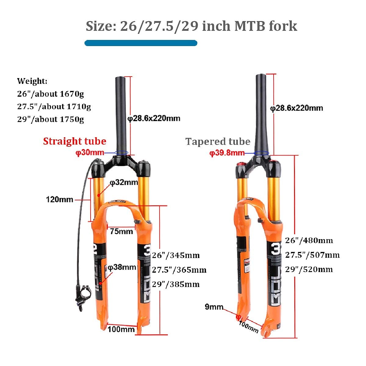 Horquilla MTB con Control Remoto de 26/27,5/29 Pulgadas, Amortiguador de 1-1/8", suspensión neumática de Hombro de 120 mm