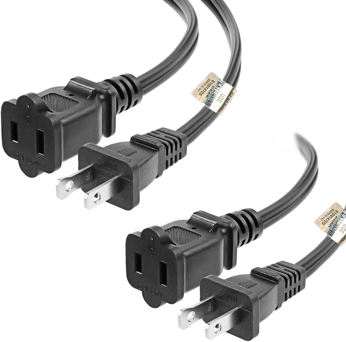 2 Pack Short US AC Power Extension Cable Cord SPT-2 16AWG/2C 125V 13A 2-Prong Polarized Male to Female Extension Cord for NEMA 1-15P to NEMA 1-15R 1FT
