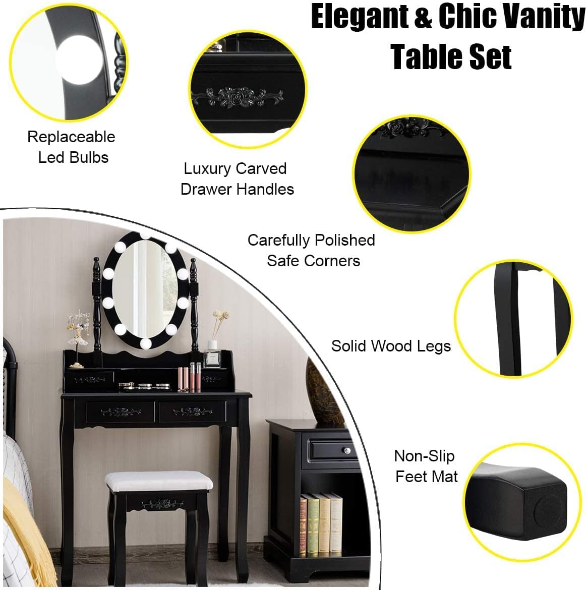 MAT EXPERT Vanity Desk Set with Lighted Mirror, Versatile Dresser w/Padded Stool & 4 Drawers, Makeup Organizer Table w/360° Rotatable Mirror & 10 Adjustable Light, Modern Bedroom Vanities (Black)