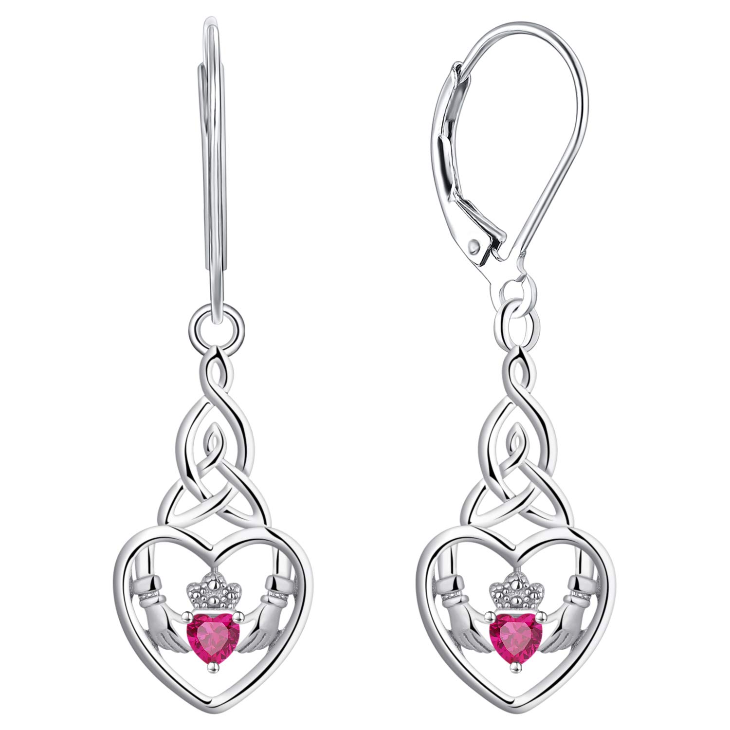 JO WISDOM Women Earrings,925 Sterling Silver Irish Celtic Claddagh Love Heart Drop & Dangle Leverback Earrings with 5A Cubic Zirconia