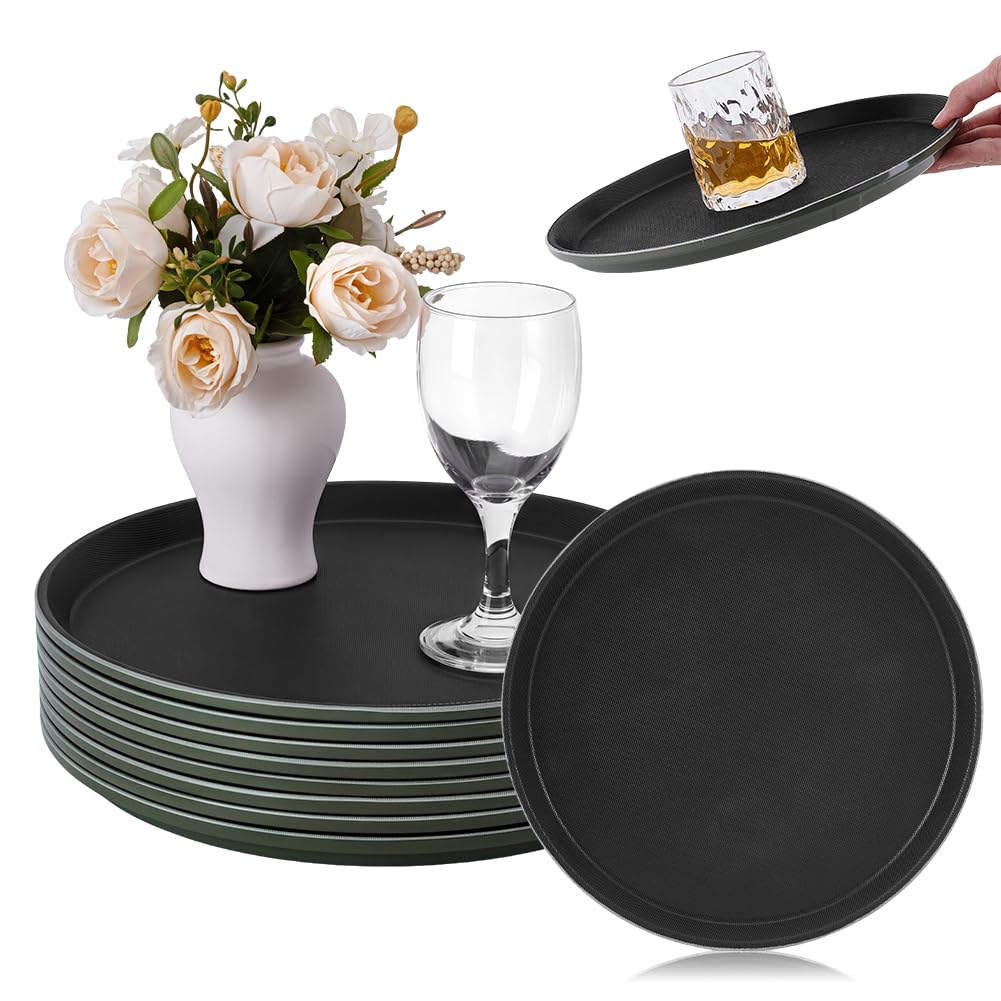 NBEADS 8 Piezas Bandeja Redonda para Servir, 28 cm Superficie Antideslizante Redonda, Bandeja De Plástico Negra Para Servir Para Alimentos, Moderno Estilo De Granja Decoración Residencial, Negro
