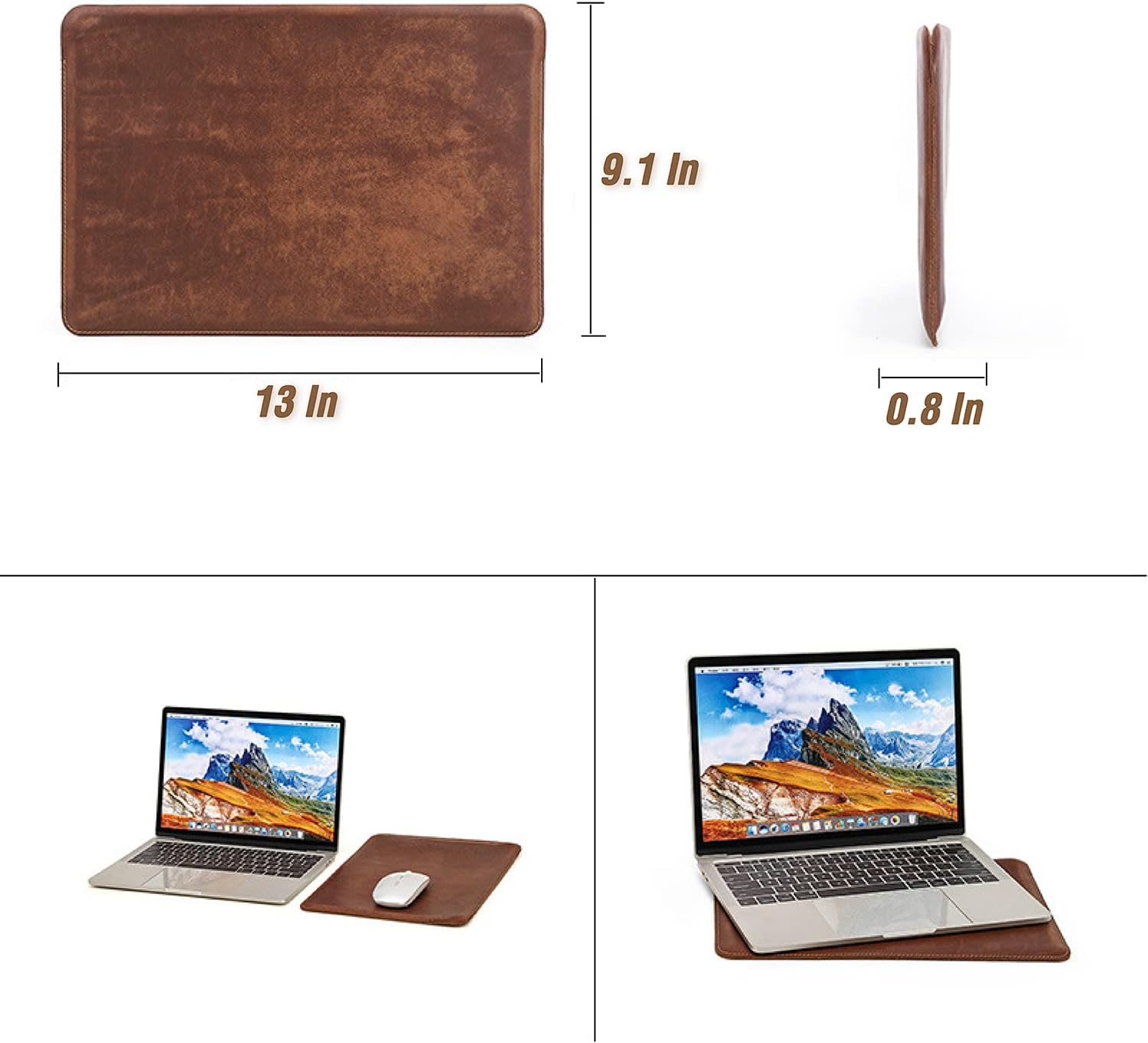 Top Grain Leather 13.3" Slim Laptop Sleeve Protector, Minimalist Vintage Design, Fully Handmade, Compatible with MacBook Pro 13.3" MacBook Air 2022 DELL XPS 13" & Other PC, Brown 13.3 Inch