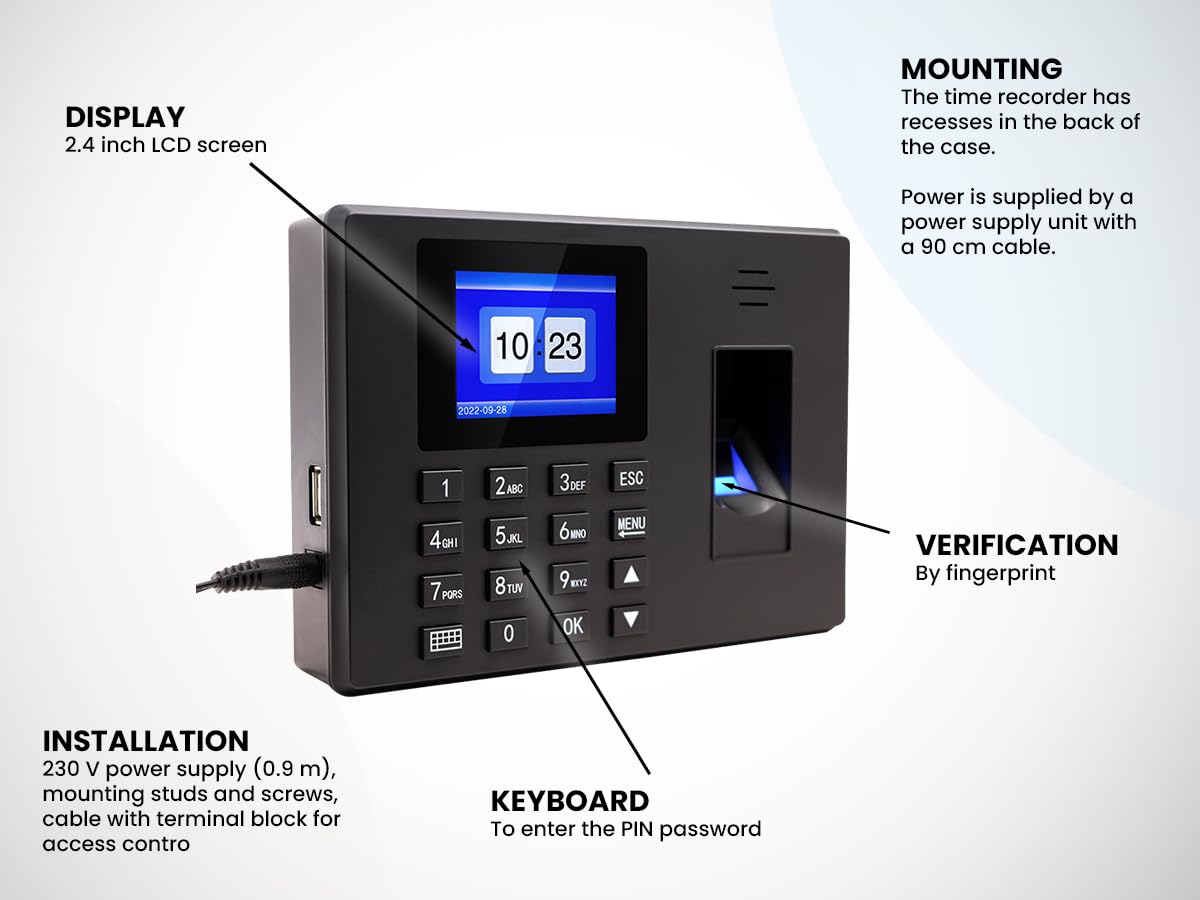 HDWR FTR06 - Orologio in macchina, Attandenza del tempo dei dipendenti, sistema di presenze e presenze, verifica biometrica di impronte digitali e password, archiviazione dati ad alta capacità