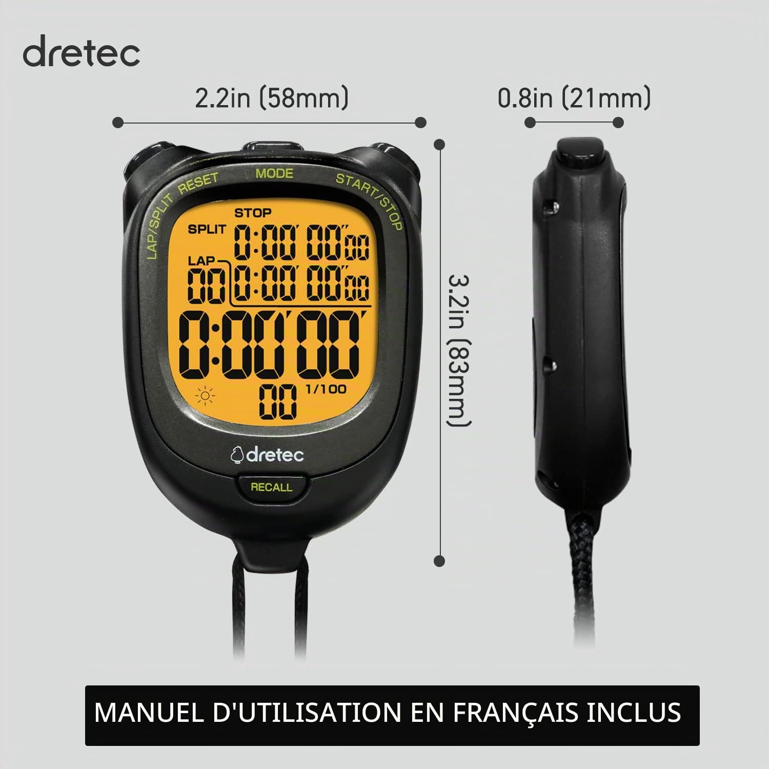 dretec Chronomètre numérique étanche rétroéclairé noir