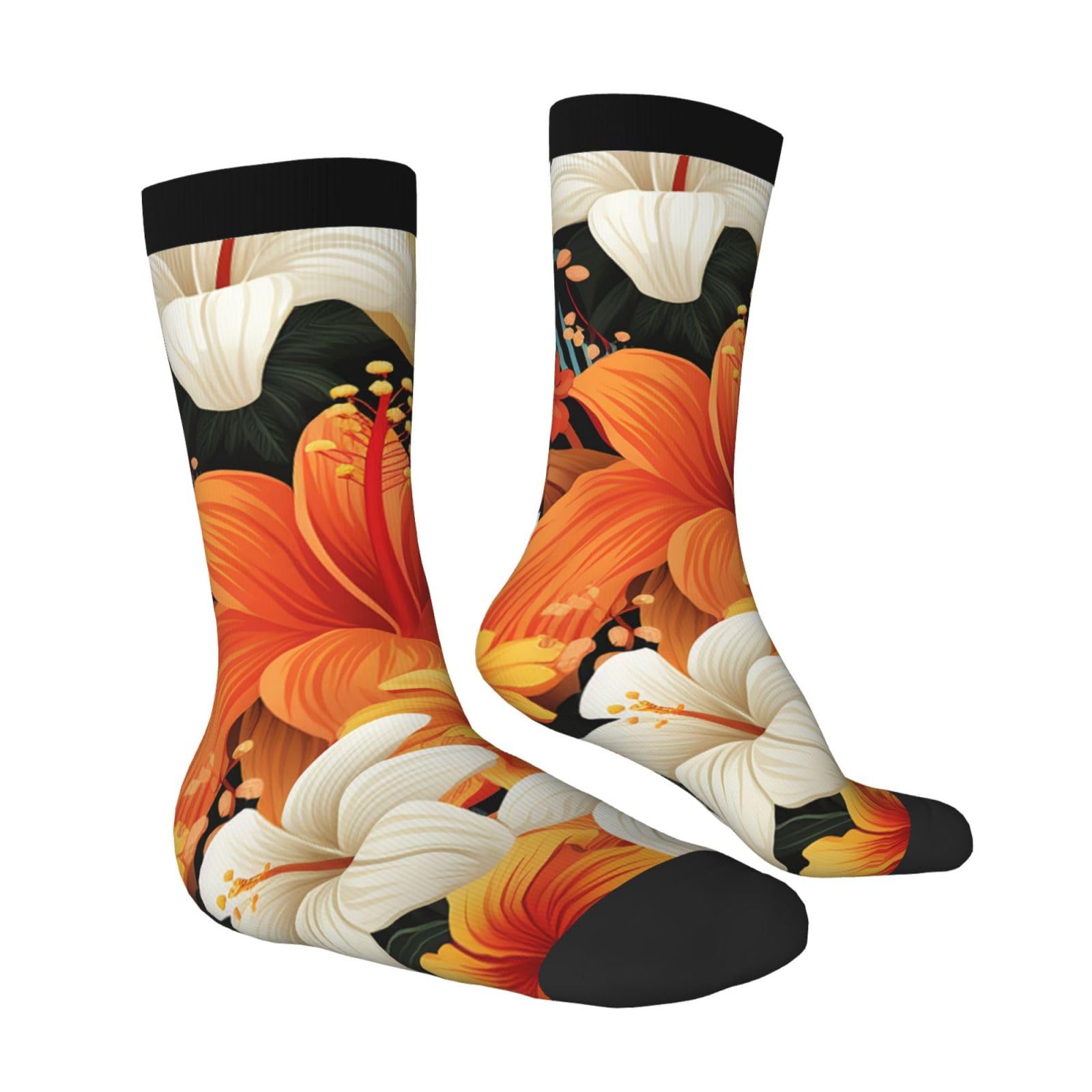 LZQPOEAS Flowers and Hawaiian tribal patterns Athletic Socks Unisex Cushioned Crew Socks Hiking Running Calf Sock Soft Above Ankle Sock