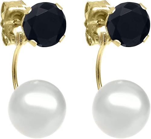 Gem Stone King Pendientes de chaqueta de oro amarillo de 14 quilates con ónix negro de 0.197 in y perla cultivada de agua dulce de 0.236 in para