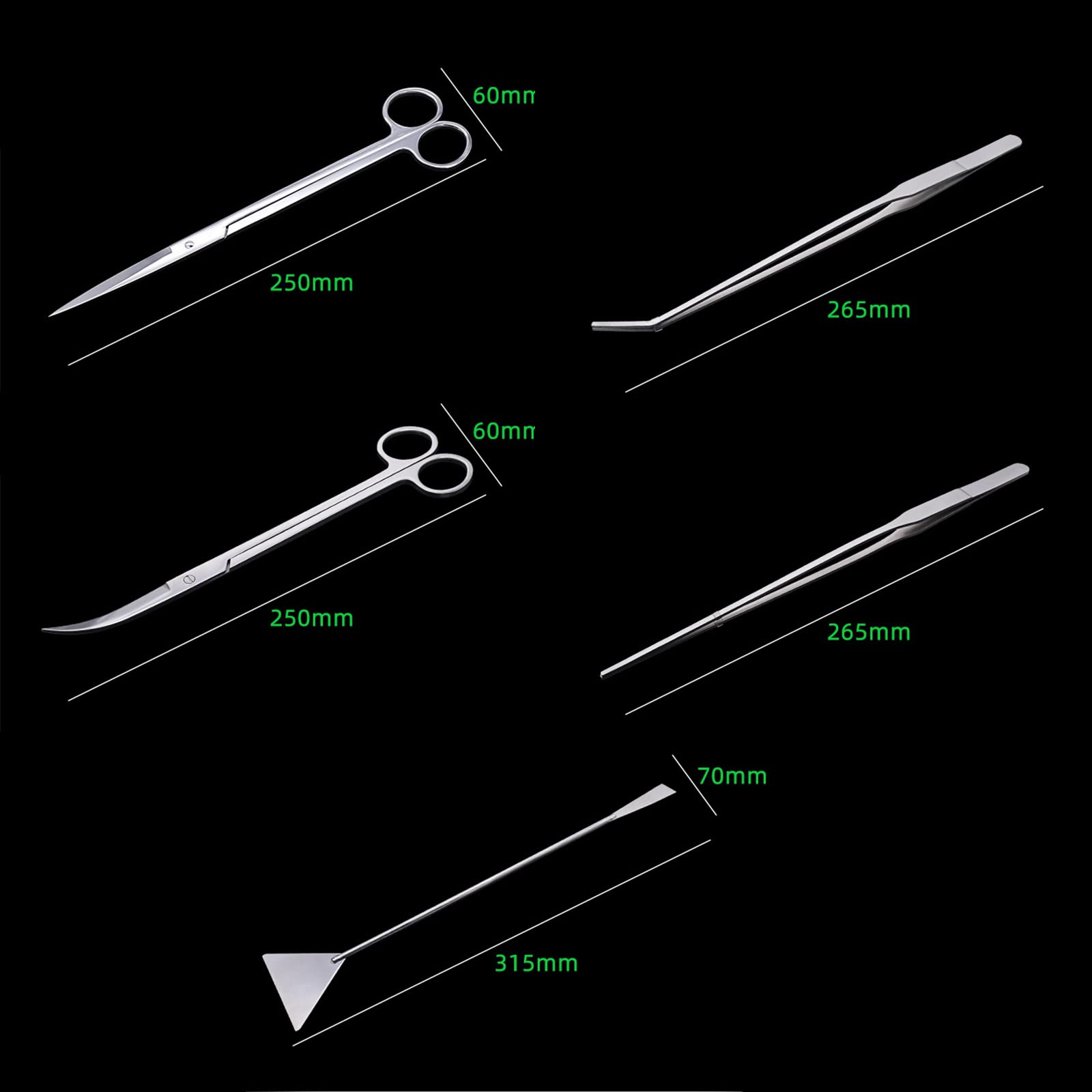 Lot de 5 outils d'aquarium en acier inoxydable - Pince à épiler - Ciseaux - Spatule - Pour aménagement paysager - Nettoyage