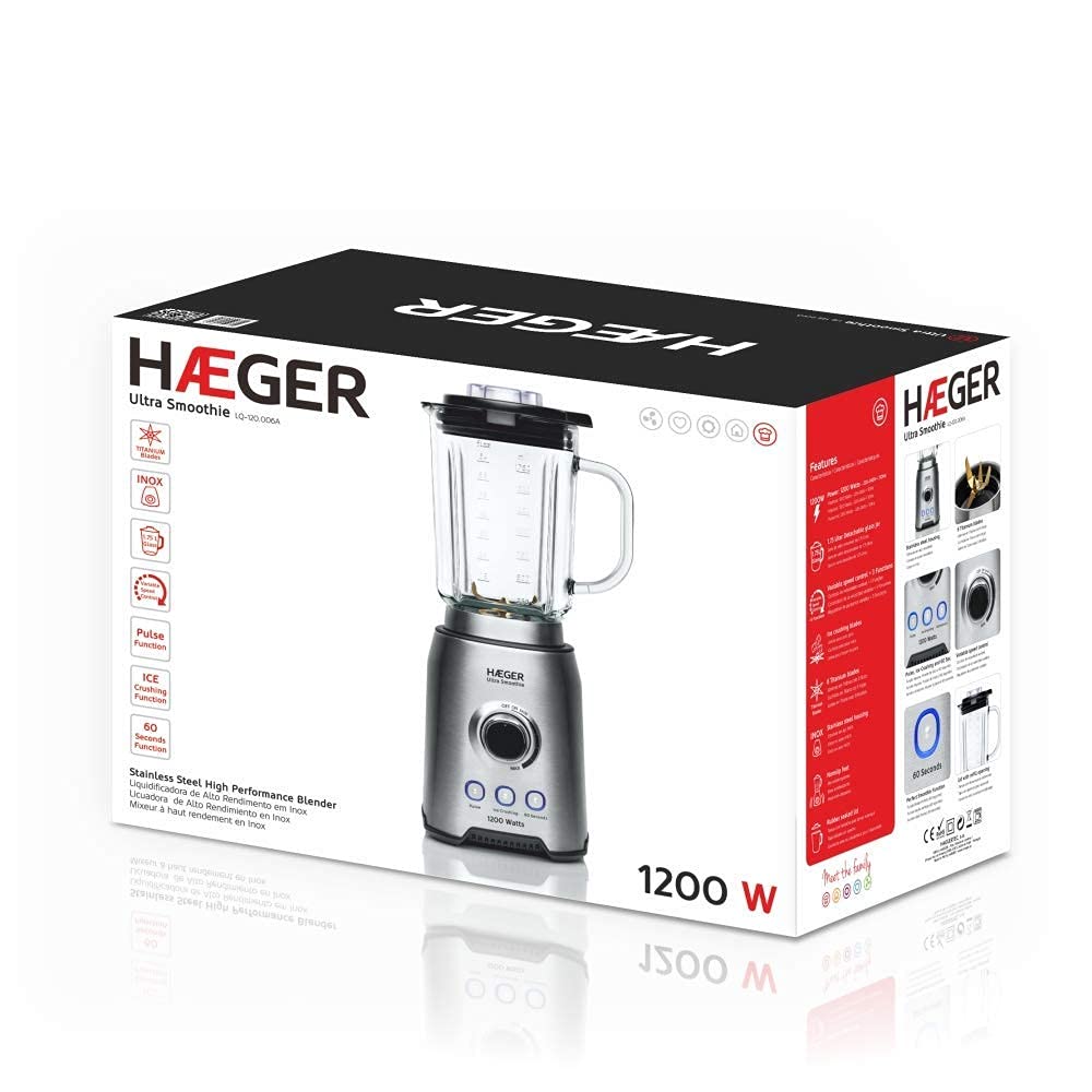 HAEGER ULTRA SMOOTHIE - Batidora de Vaso con 1200W de potencia, capacidad de 1,75L - jarra de vidrio de 1.75 L, cuchilla de TITANIO, trituradora de hielo + función 60 segundos