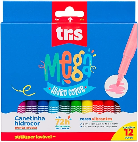 Hidrocor Ponta Grossa Mega Hidro Color - 12 Cores - Tris