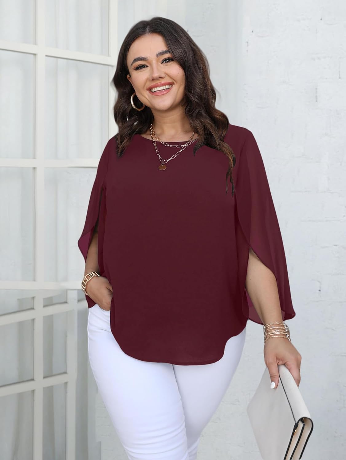 SCOMCHIC Plus Size Blouses for Women Summer Chiffon 3/4 Sleeve Tunic Tops Dressy Scoop Neck Casual Loose Flowy Shirts - Image 2