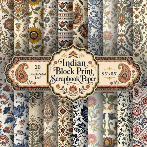 Image of Indian Block Print Scrapbook Paper: 20 Double-Sided Sheets, 20 Unique Designs, 8.5" x 8.5" Decorative Craft Pad Featuring Traditional Floral, Paisley, ... for Junk Journals, Decoupage and Card Making