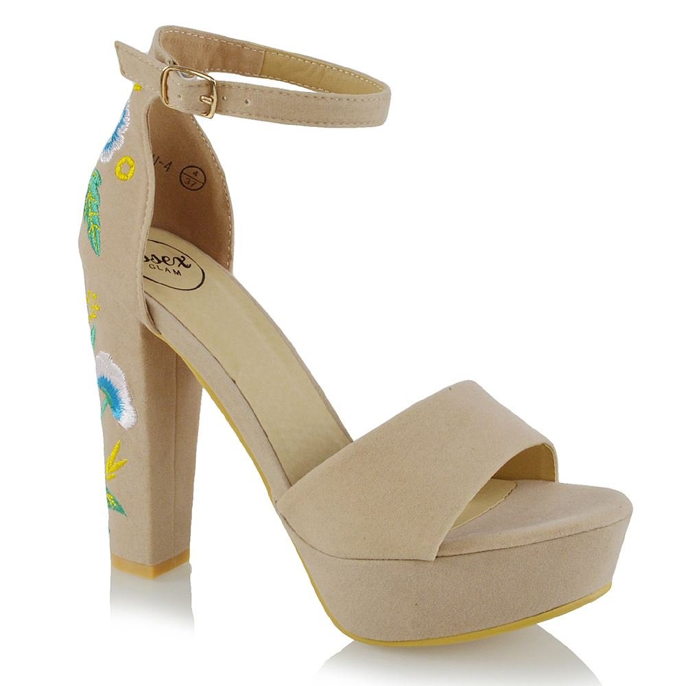ESSEX GLAMWomens Strappy Platform High Heel Sandals Ladies Ankle Strap Embroidered Party Shoes Size
