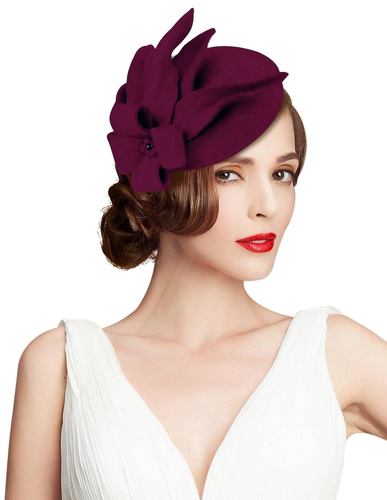 ELLYDOOR Wool Fascinator Pillbox Hat Winter British Wool Felt Hat for Women Wedding Church Hat Flower Fedoras, 2021 Burgundy, One Size