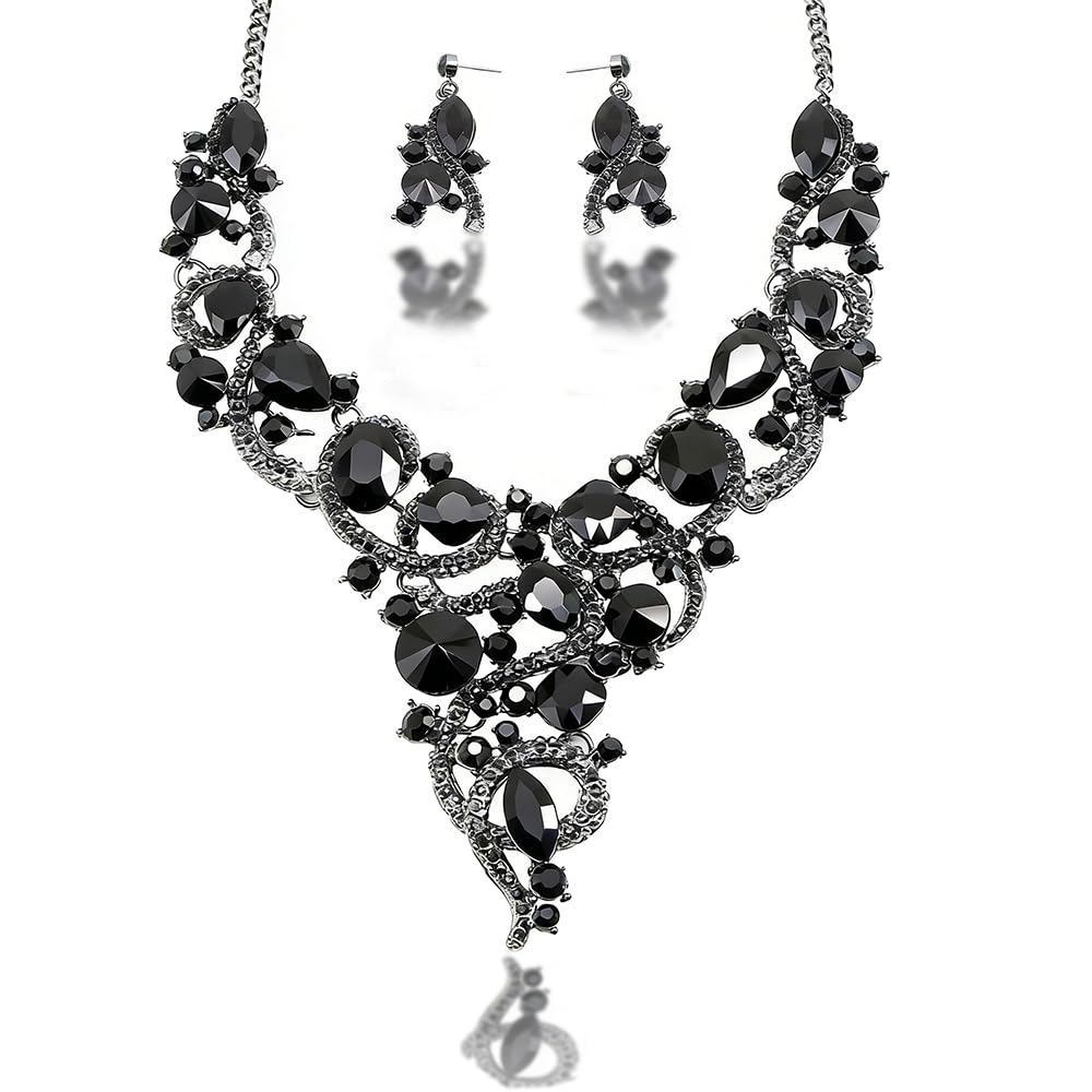 Zthread Crystal Flower Rib Statement Necklace Rhinestone Vintage Chucky Necklace and Dangle Earrings Jewerly Set