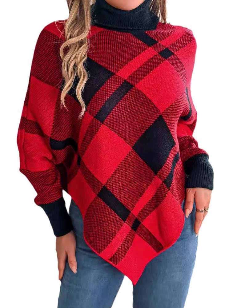 Mywinway Turtleneck Poncho Sweater Women Fall Winter Asymmetrical Batwing Sleeve Color Block Knit Pullover Sweaters