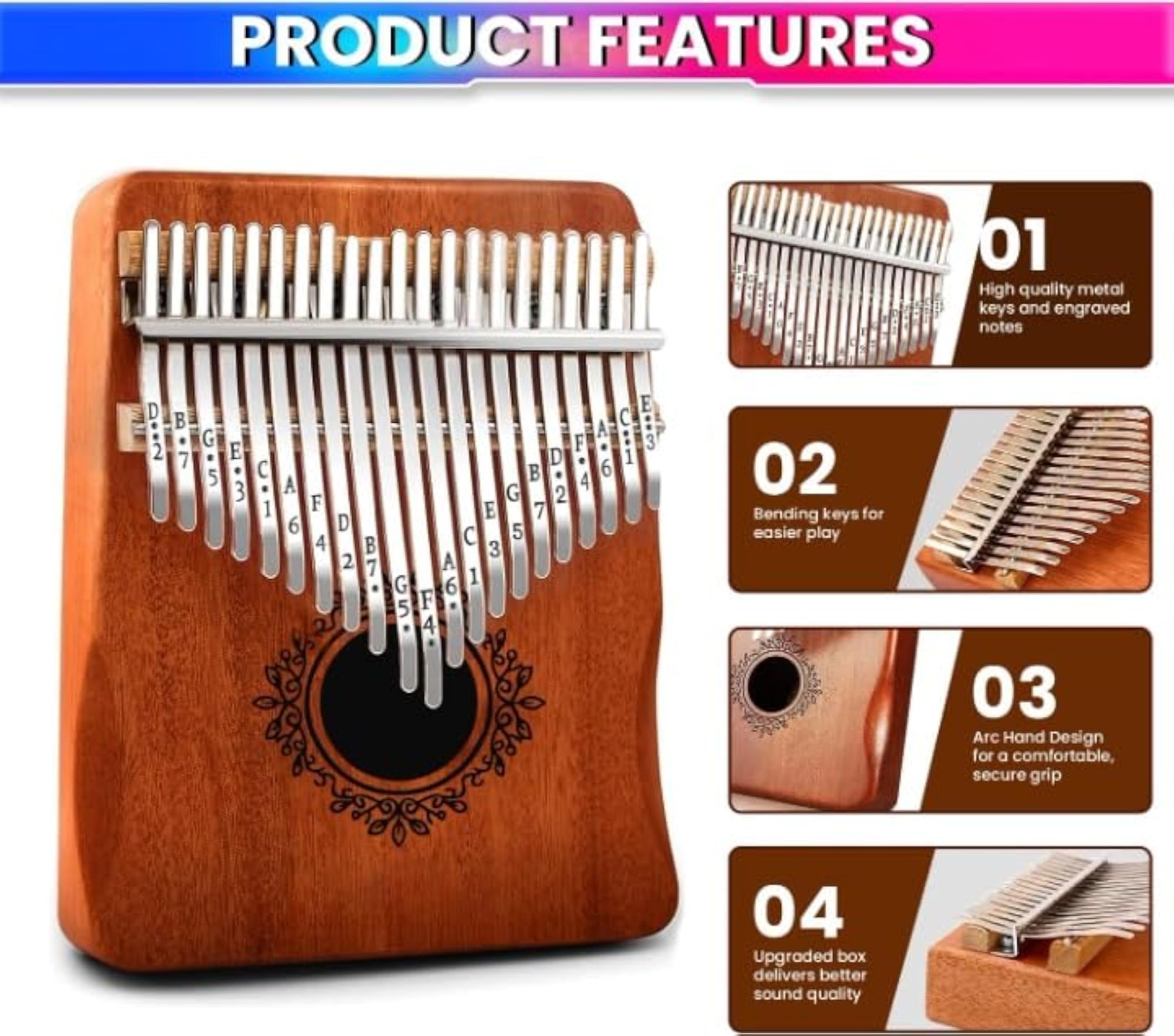 21 Keys Thumb Piano, Natural Mahogany Sanza