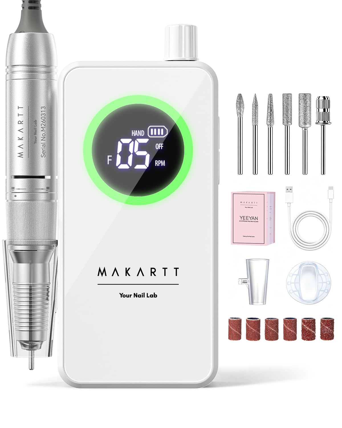 Makartt Kabelloser Nagelbohrer - Elektrische Nagelfeile 35000 Tragbare Elektrische Nagelbohrmaschine Kit Nagelfeile Efile Set für Acrylgelnägel mit Bits Schleifbänder Weiß