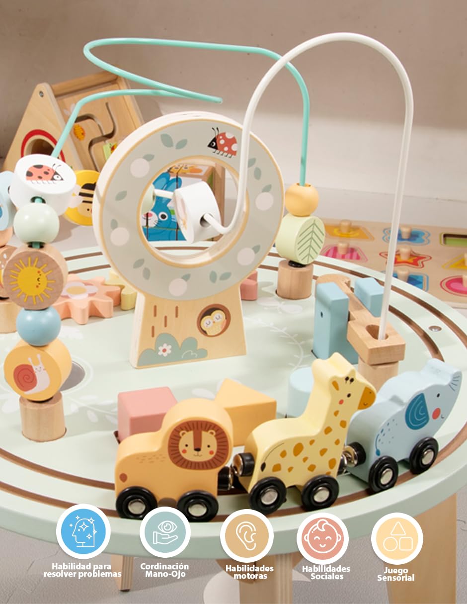 Tooky Toy Table d’activités avec Circuit de Train en Bois FSC - Table de Jeu avec Labyrinthe de Perles, Jouet Montessori éducatif, développe motricité & cognitif, Cadeau dès 2 Ans