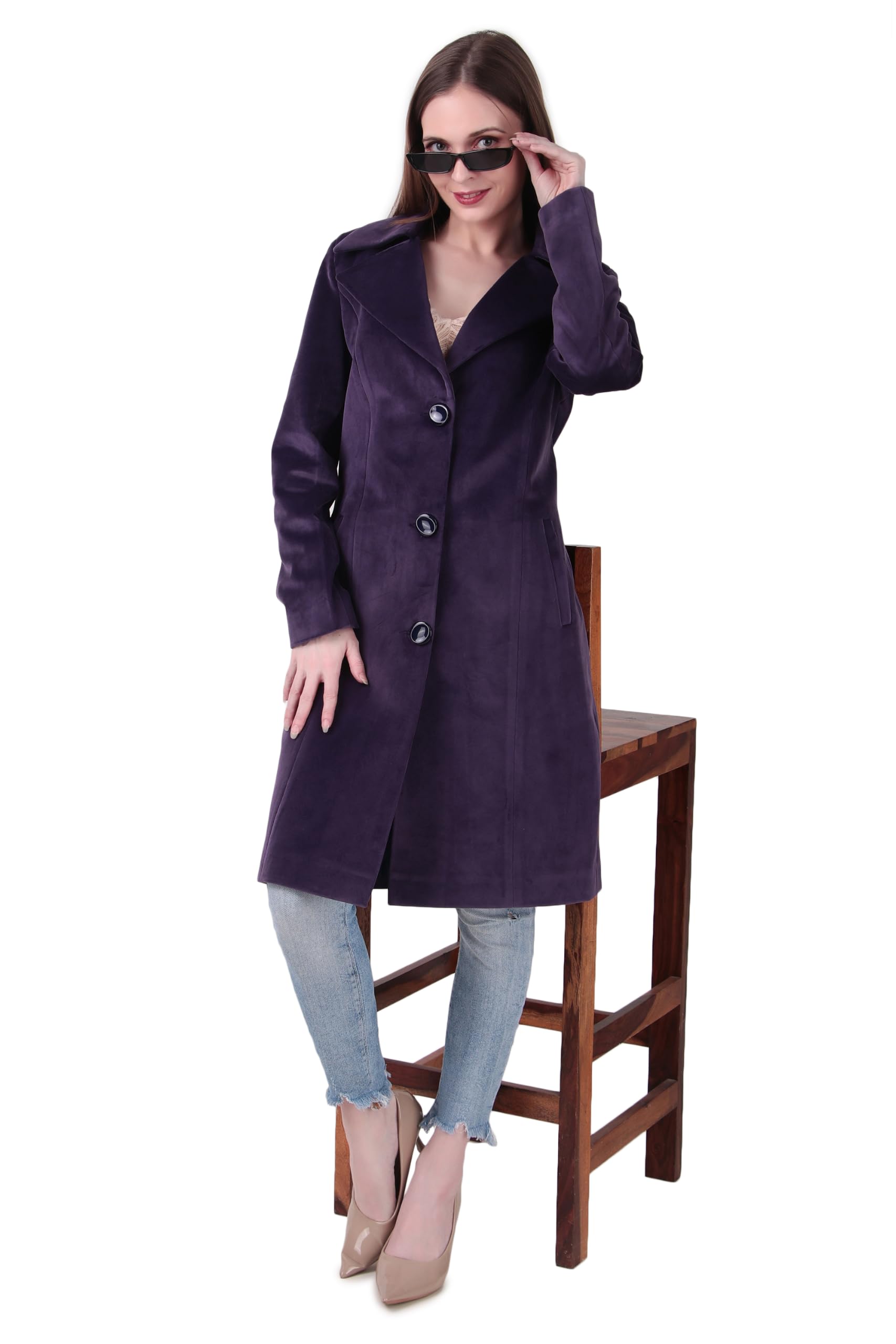 Women's Classic Single-Breasted Long Winter Coat | Lapel Collar, Full Sleeves, Button Closure, Side Pockets | Regular Fit Casual & Formal Overcoat | Purple pack of 1-image-2
