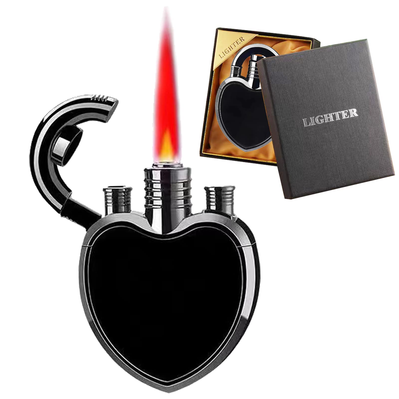Jet Torch Lighter With Red Flame - Windproof, Refillable Butane Gas, Creative Love Lock Design - Ice Surface, Ice Black - Gift for Birthday,