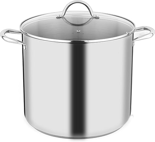 GreatChef Olla de acero inoxidable de 24 cuartos de galón con tapa de vidrio templado para cocinar mango remachado, recipiente resistente,