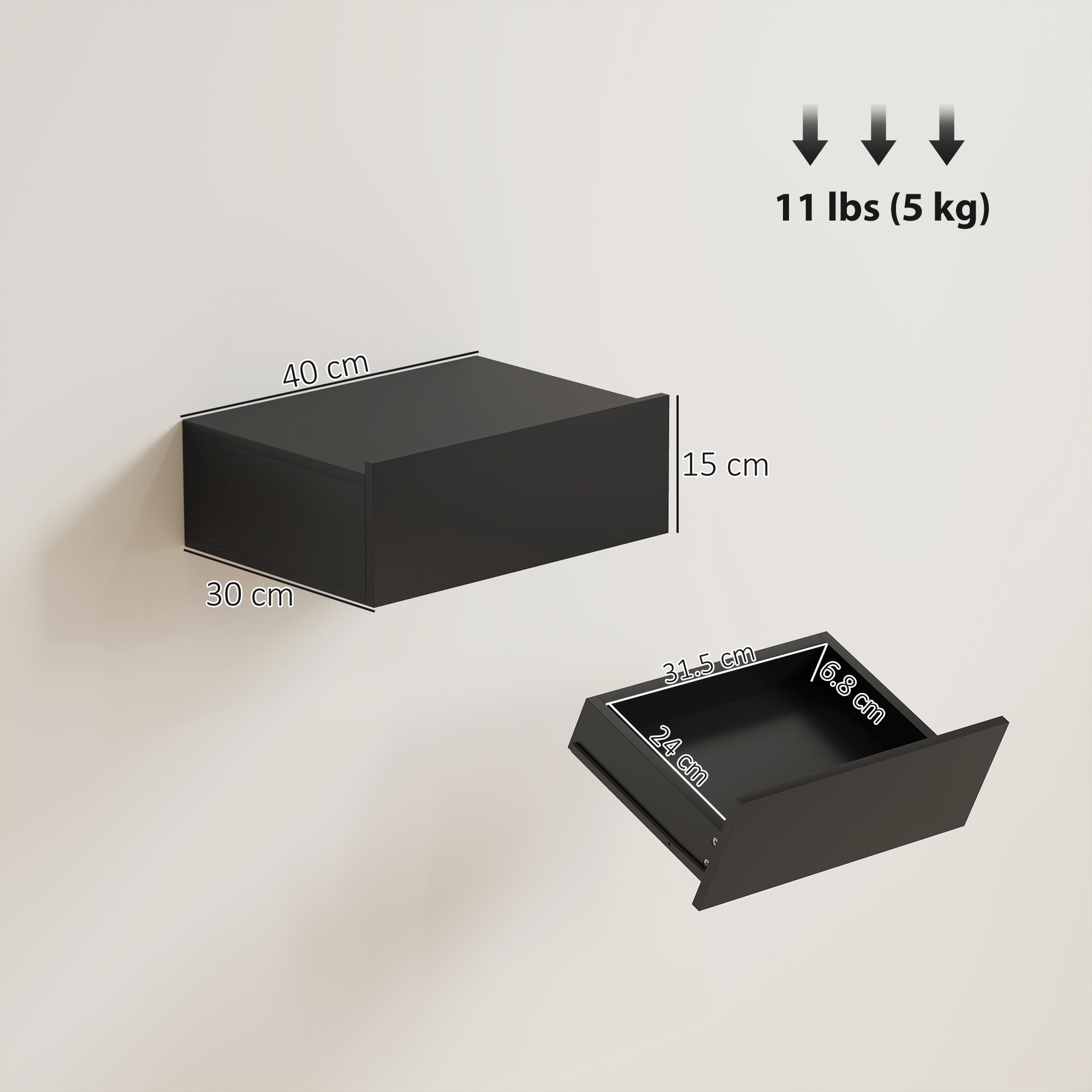 HOMCOM Set di 2 Comodini Camera da Letto Sospesi con Cassetto, Coppia di Comodini Moderno in Legno, Tavolini per Divano, Soggiorno, Salotto e Camera, 40x30x15 cm, Nero