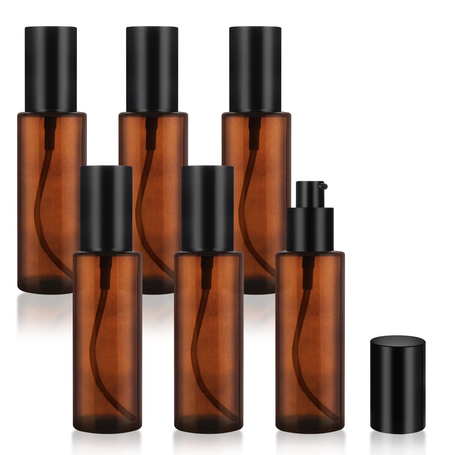 6 Pcs 60ml/2oz Amber Glass Pump Bottles Refillable Lotion Dispenser Cosmetic Sample Storage Container Vial with Black Pump Head for Liquid Foundation