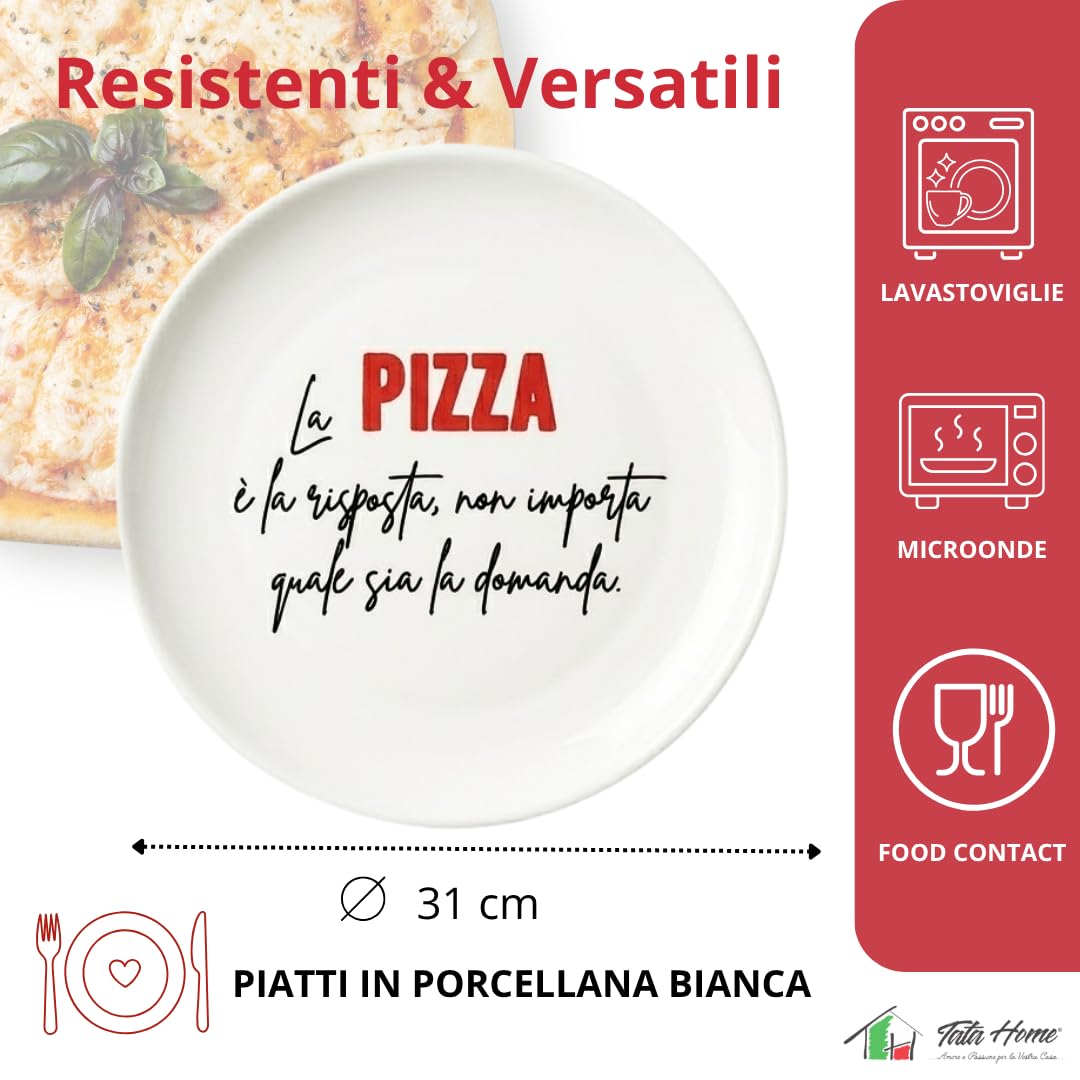 Tata Home Set 6 Piatti per Pizza Grandi con Decorazioni Scritte e Frasi Moderni in Porcellana Mod. Happy Shabby