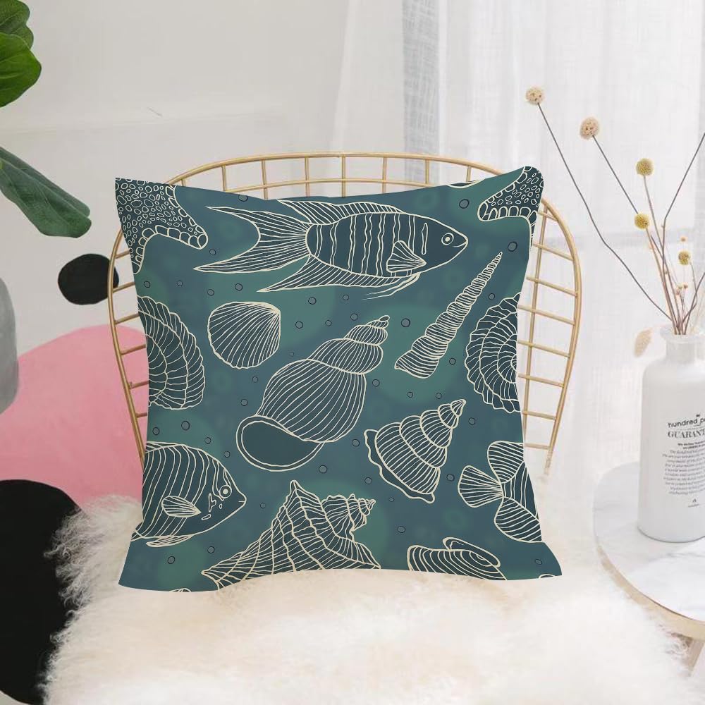 HYOSXW Cushion Cover,Throw Pillow Case Home Decorative for Living Room Bedroom Sofa Chair 16X16 Inch,Contour drawing of seashells on a dark blue background. Seashells seamless patt,Pillowcase 40X40cm