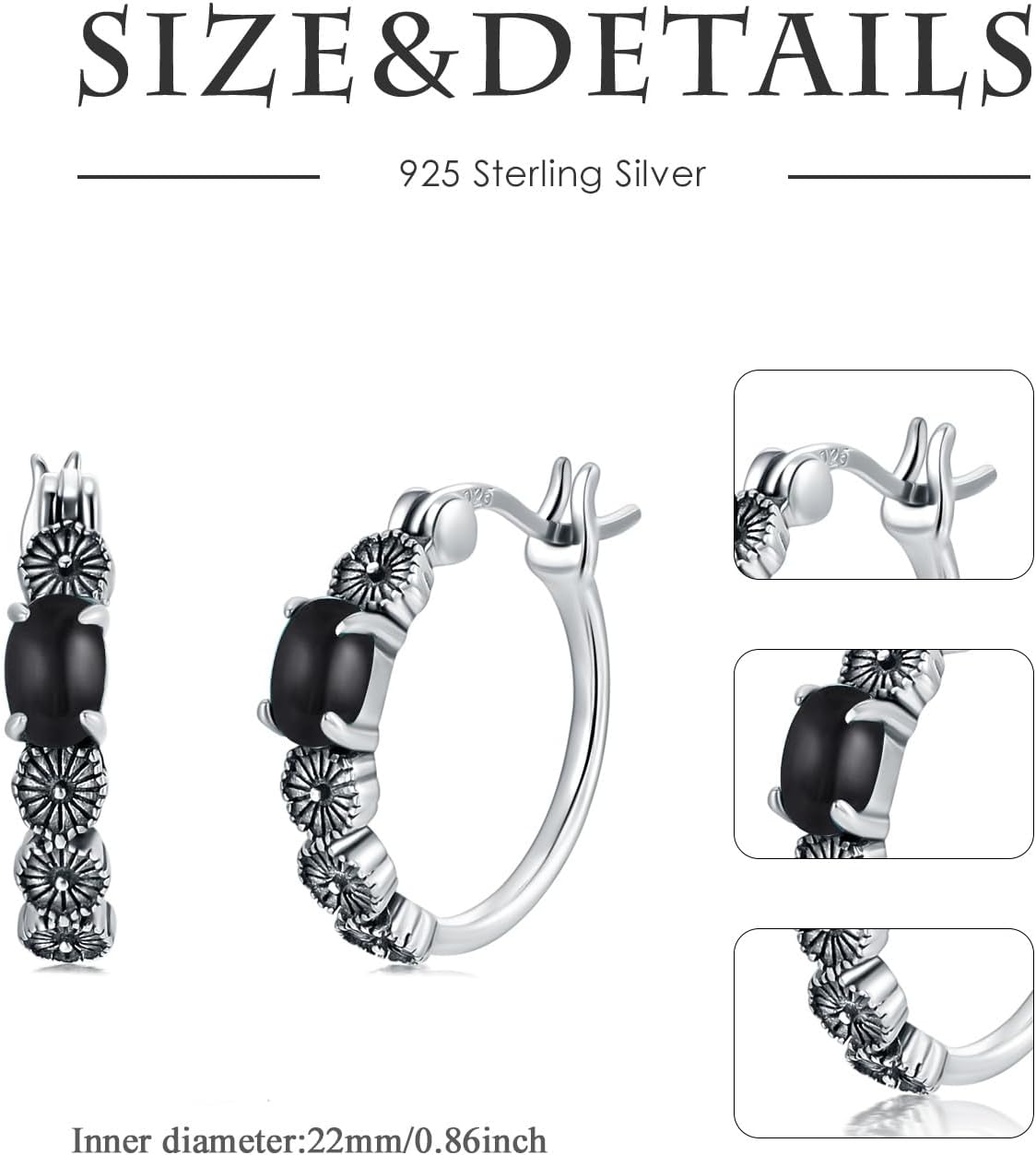 Retro Black Onyx Hoop Earrings 925 Sterling Silver Rose/Celtic Knot/Leaf with Oval Cut Black Onyx Earrings for Women