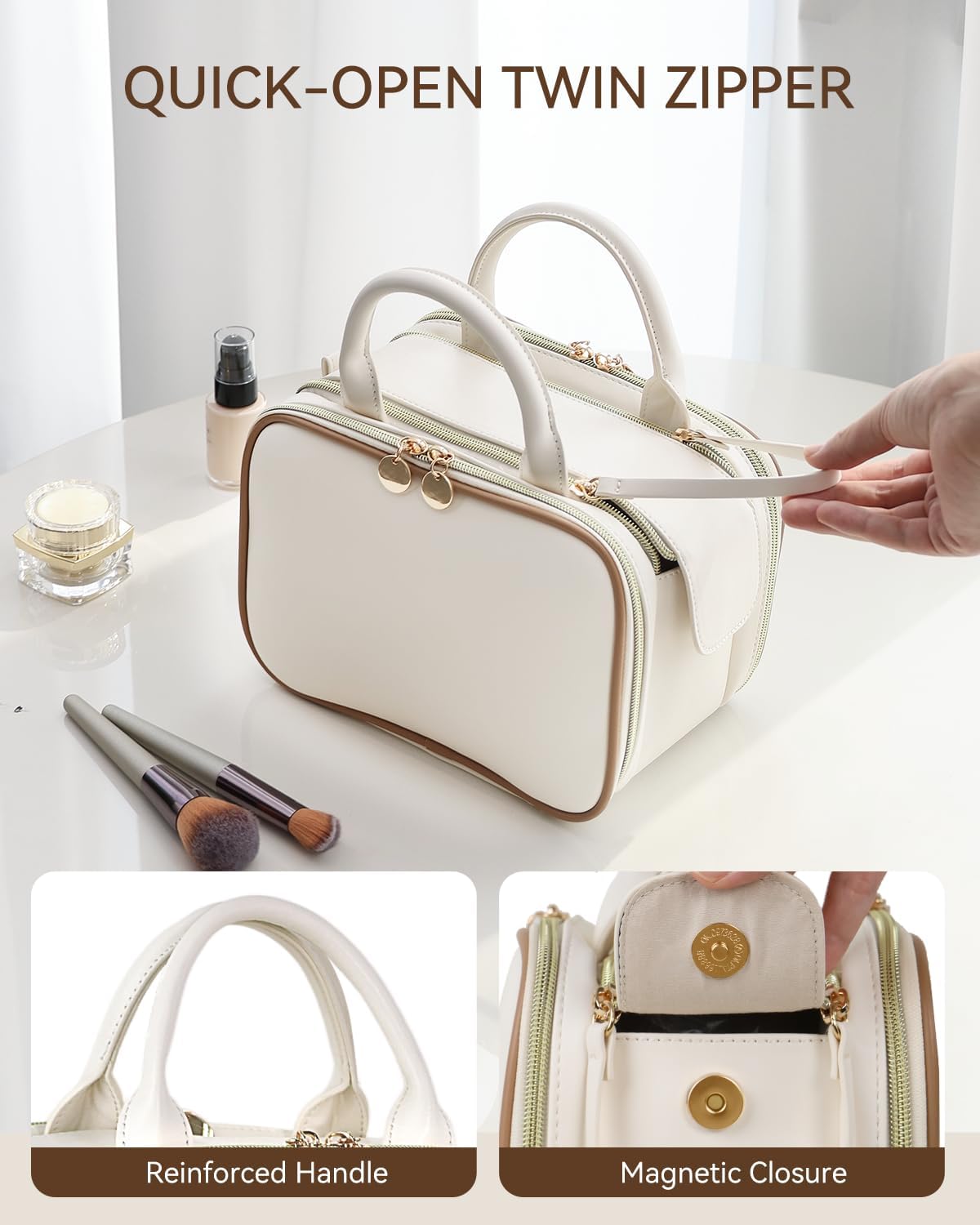 Prite Makeup Bag for Women, Large Capacity Waterproof Travel Cosmetic Organizer, Portable Open Flat Toiletry Bag with Free-standing Brush Holder and Handle(Beige Large) - Image 5