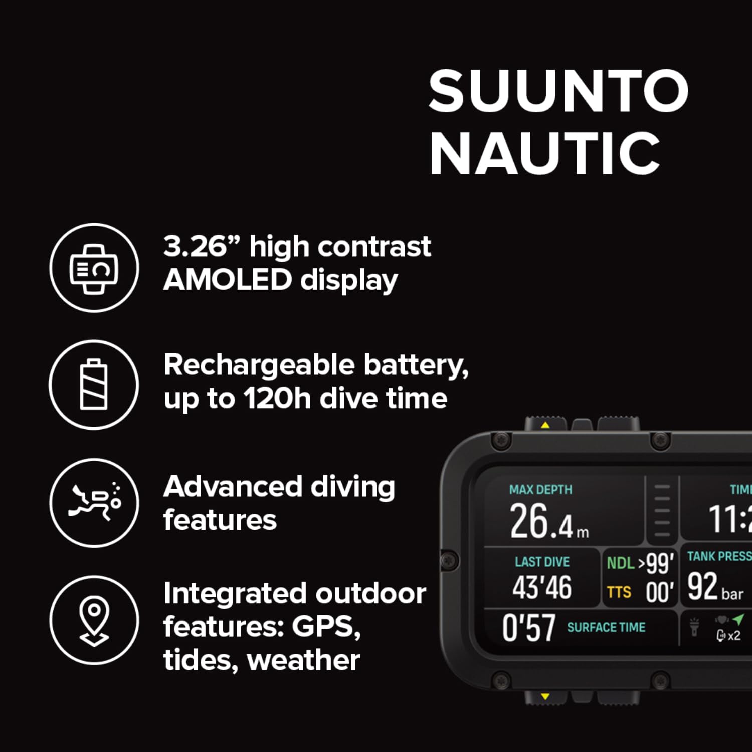 SUUNTO Nautic Tauchcomputer mit Bungee-Seil, Helles AMOLED-Display, Integrierte LED-Taschenlampe, Bis zu 120H, GPS & Unterwasser-Routenverfolgung, Kabelloser Tankdruckmonitor