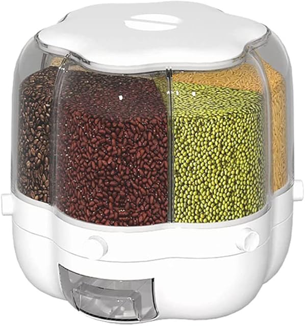 TRANSIMAGINE 6-Grid Round Rice Dispenser 360° Rotating Food Bucket Transparent Rice Storage Container Rotatable Dry Food Fruit Cereal Storage Box Tank for Home Kitchen, White